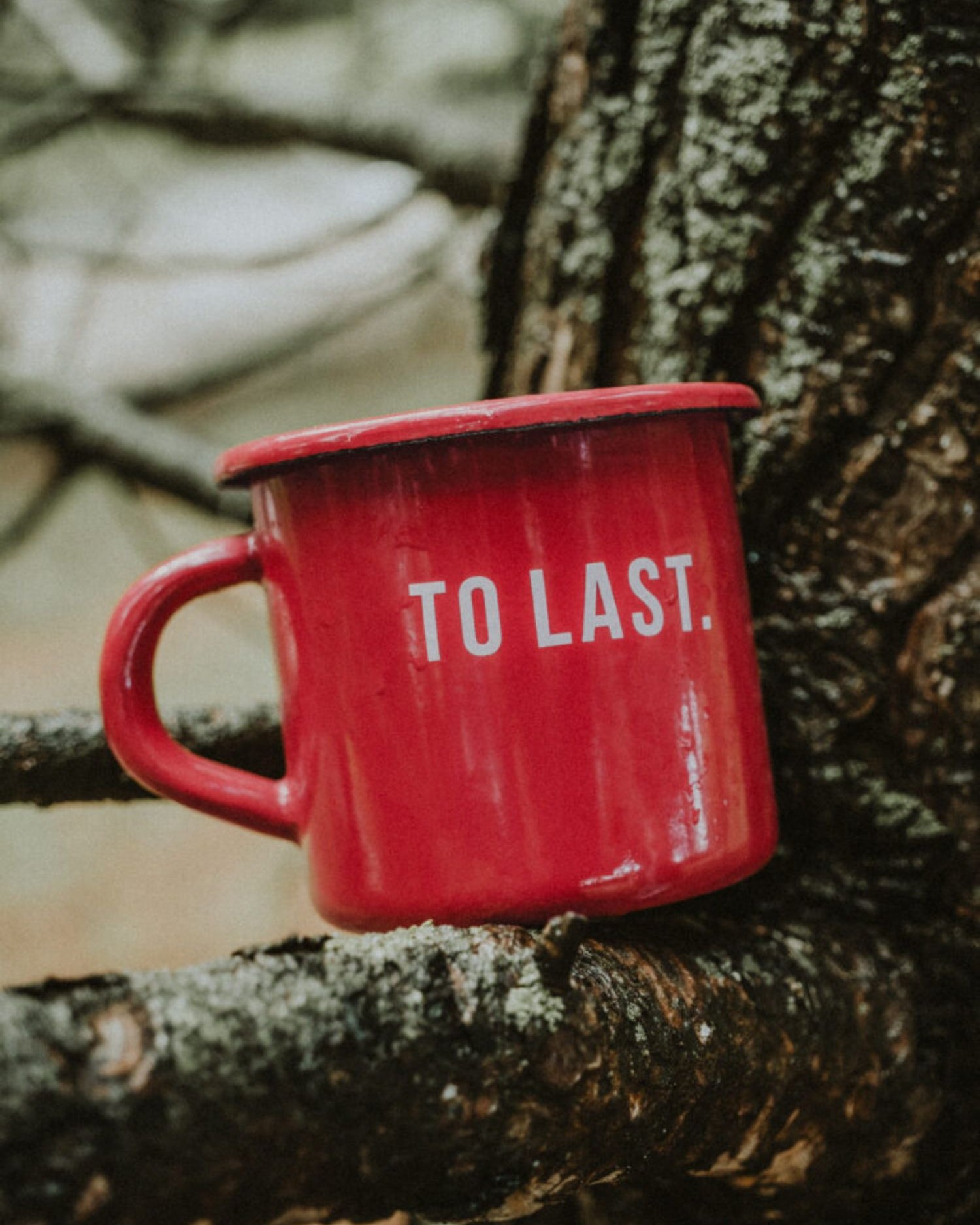 Lobo "To Last" red enamel mug resting on a textured tree branch.