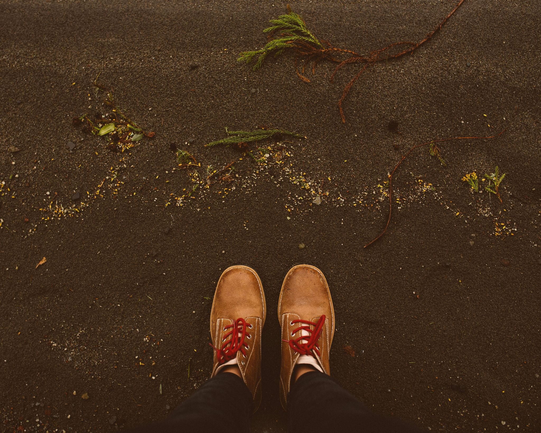 Top-down view of Lobo Raw Boots in brown leather with red laces on dark volcanic sand. Detail of greenery and natural tones from São Miguel Island, Azores.