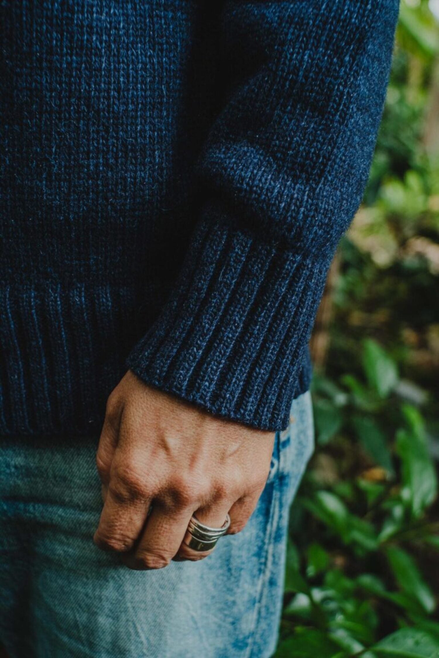 Detail of the ribbed knit cuff of the blue Lobo Blue Fisherman sweater, made in Portugal.