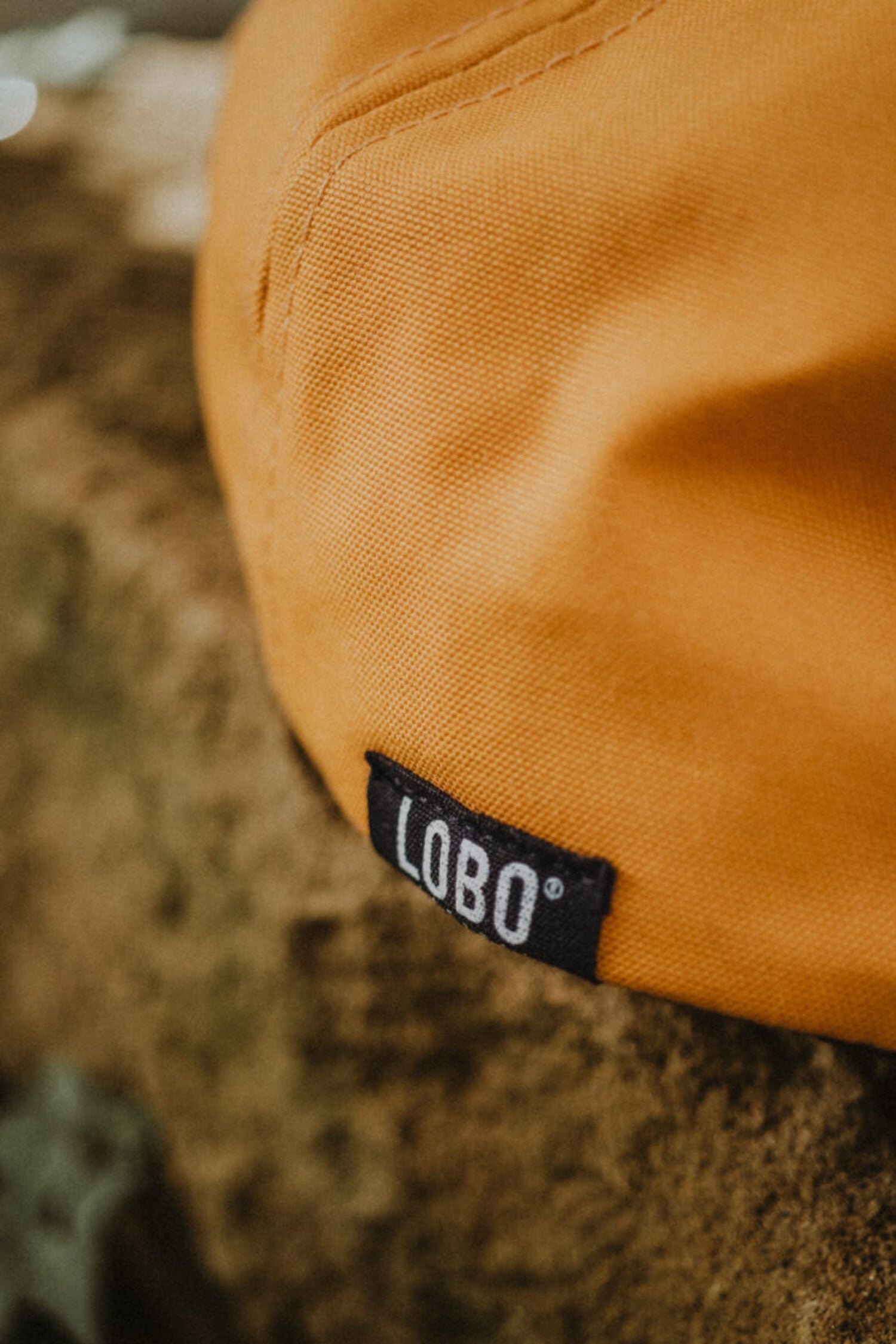 Close-up of the black side tab with the "LOBO" logo stitched onto the yellow twill cap.