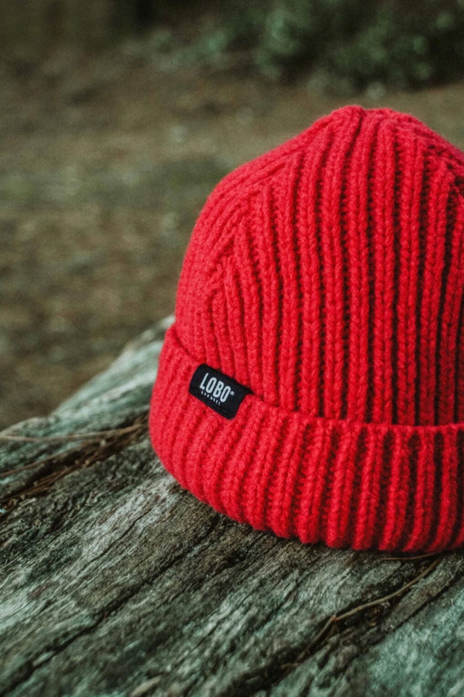 Red wool Manuel Red Beanie from LOBO Apparel resting on a tree log, featuring a visible black logo label.