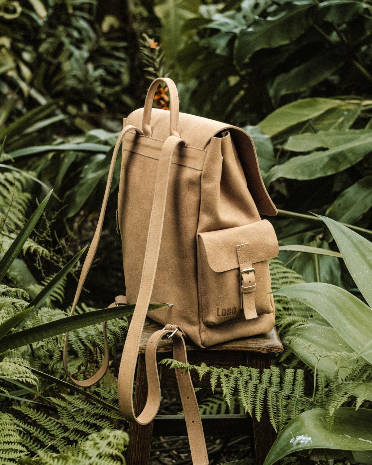 Lobo x Naked Malt Collab Backpack in sand-colored leather placed on a wooden stool, featuring the LOBO logo on the side pocket, surrounded by tropical greenery.