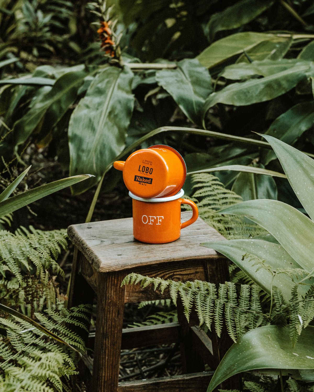 Two orange Lobo x Naked Malt Collab Enamel Mug stacked on a wooden stool, showing the word "OFF" and the collaboration logos on the bottom of the top mug, in a natural setting.