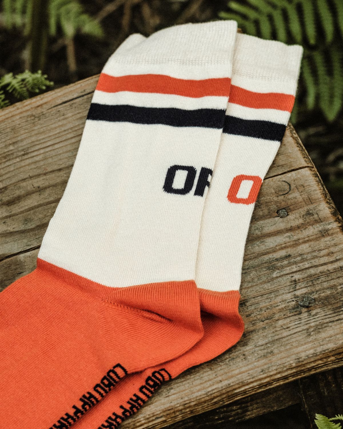 Close-up of the Lobo x Naked Malt Collab Socks in beige with orange and black stripes, highlighting the "OFF ON" phrase on the side and the brand name on the sole.