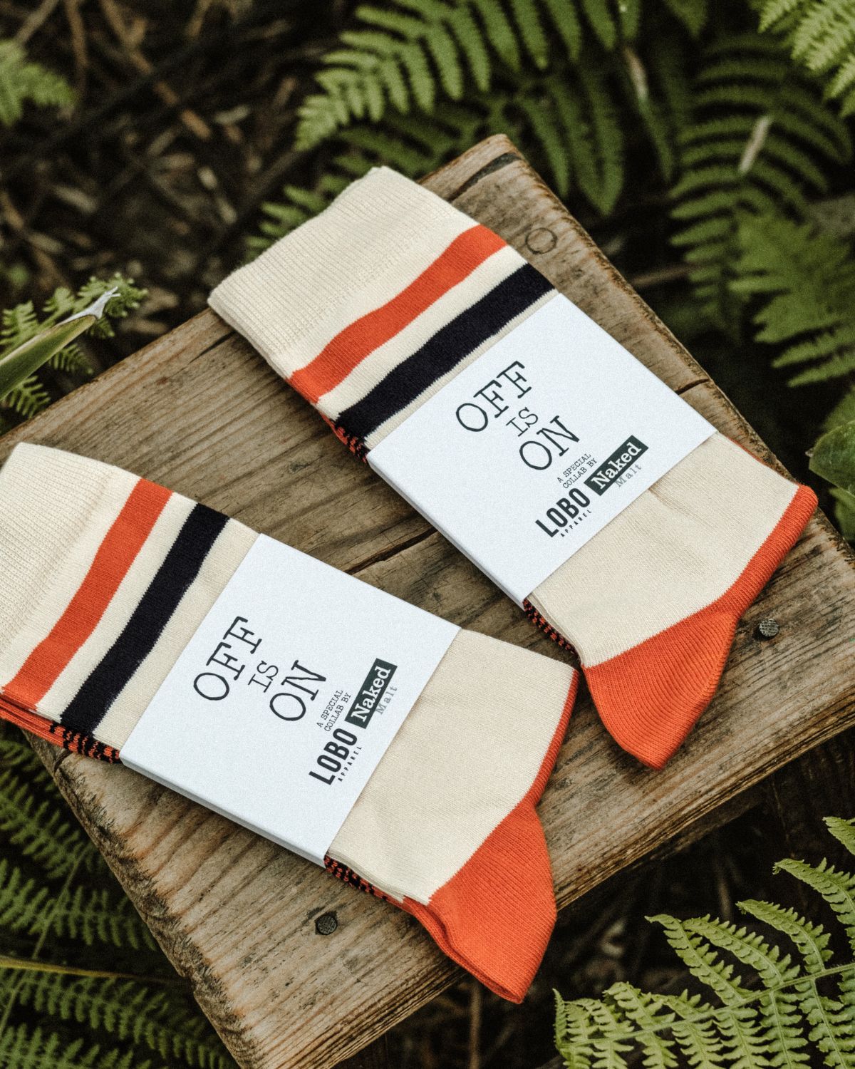 Pairs of Lobo x Naked Malt Collab Socks in beige with black and orange stripes, displayed with "OFF IS ON" packaging on a wooden stool in a forest setting.