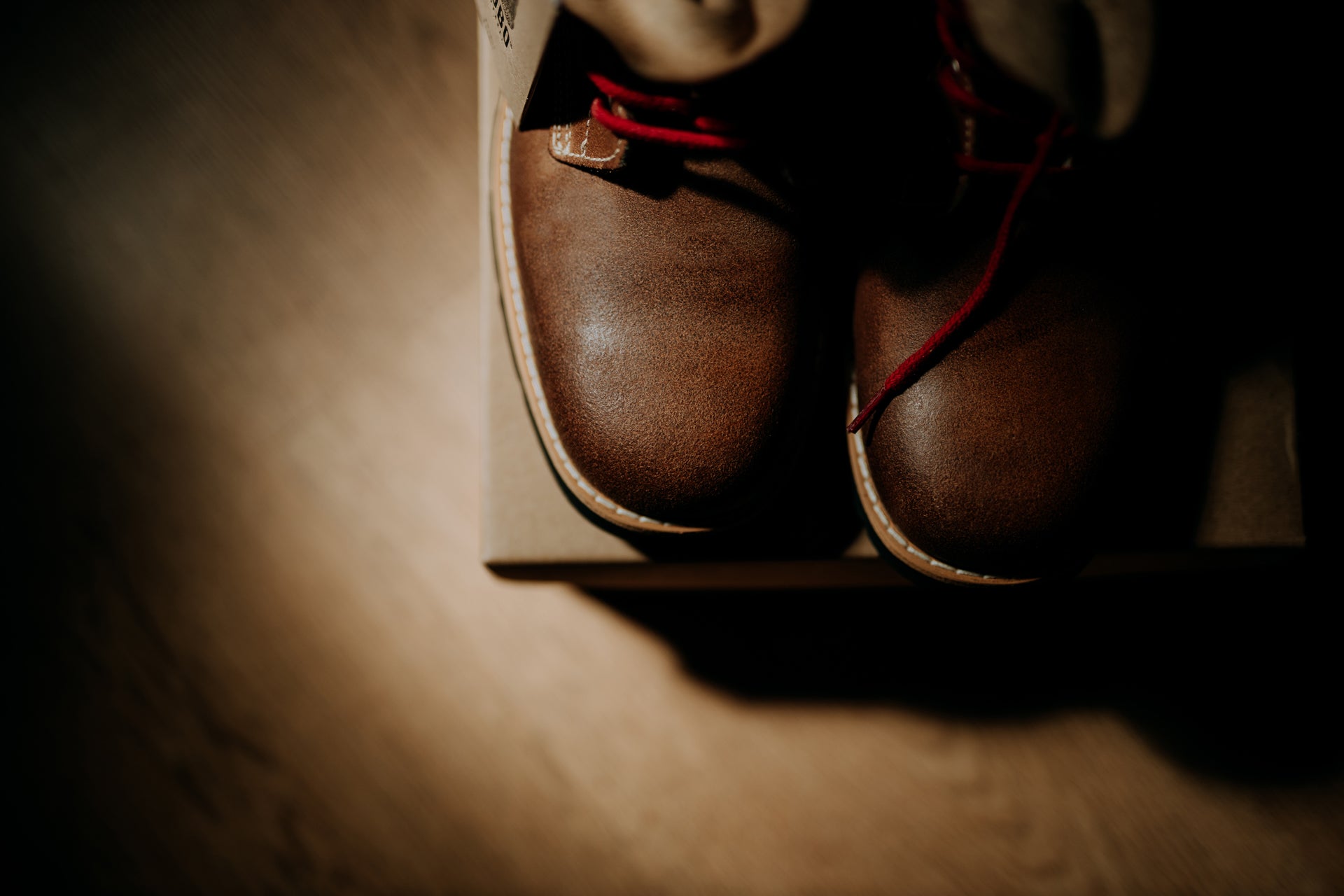 Top view of the pair of brown leather Lobo Raw Boots with red laces, resting on the original cardboard box.