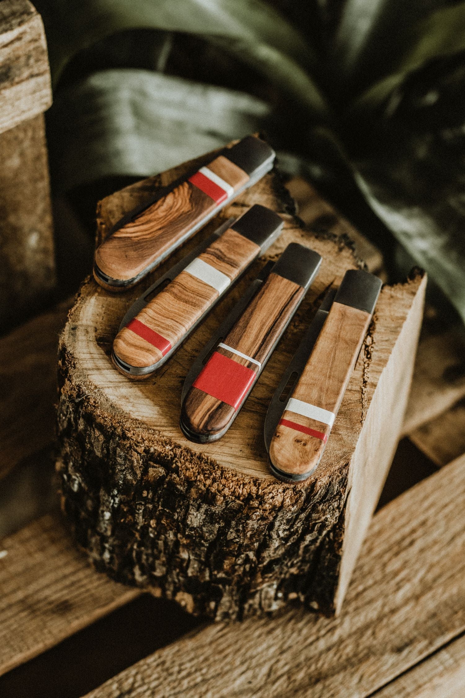 Collection of artisanal pocket knives in collaboration with Fernando Mendes, featuring olive wood handles and colorful details, displayed on a natural tree stump.