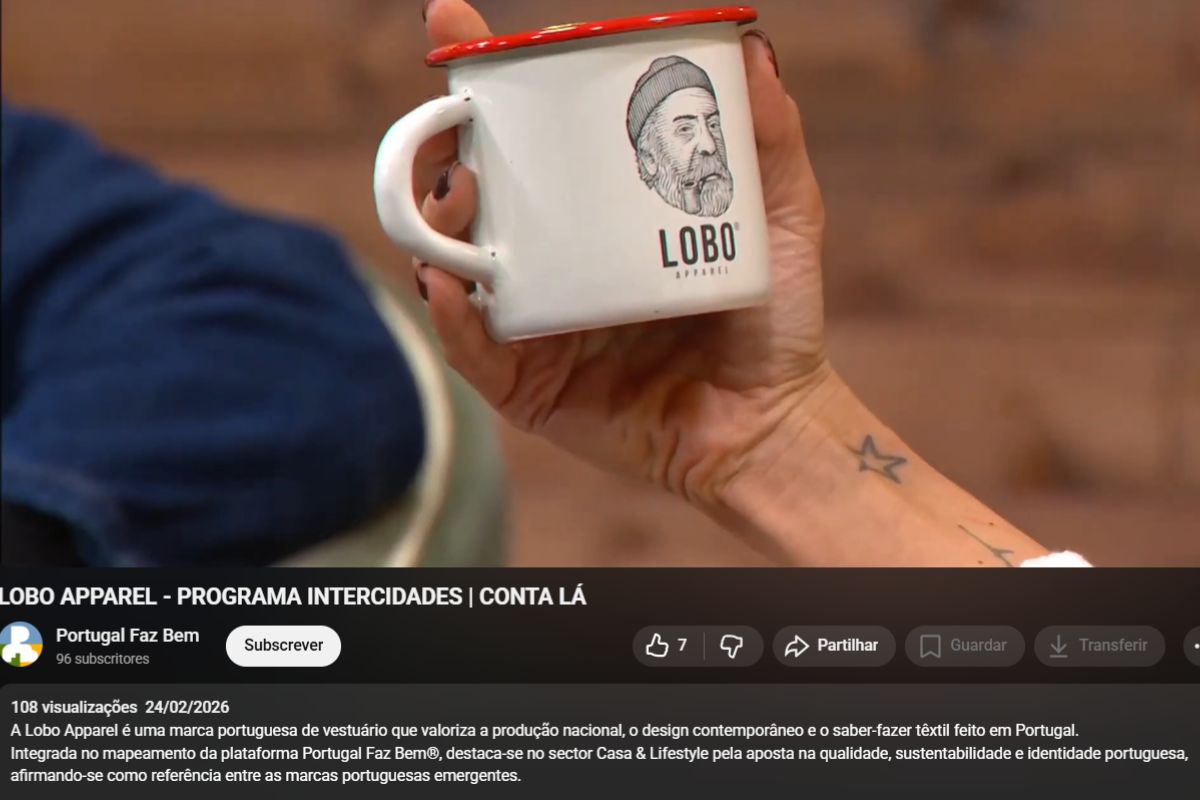 Screenshot of the Lobo Apparel blog regarding their feature on the Intercidades program by Conta Lá channel, showcasing the logo and a custom mug of the Portuguese clothing brand.