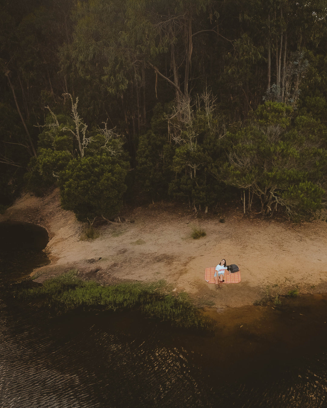 Aerial view of a picnic by the wooded banks of Rio da Mula, emphasizing nature and serenity.