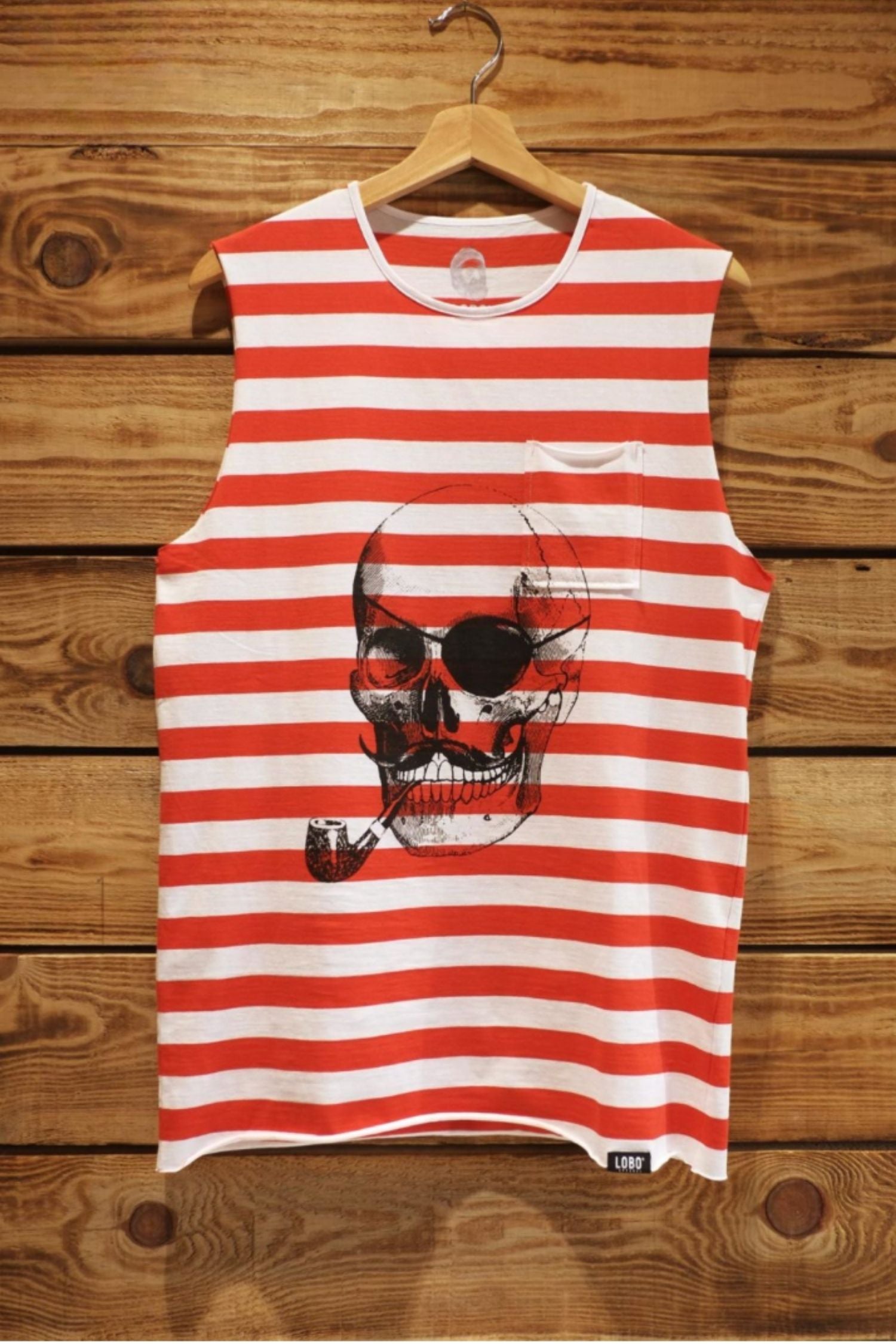 Front view of a LOBO Apparel sleeveless tank top with red and white horizontal stripes, featuring a central screen print of a skull with an eye patch, moustache, and pipe.
