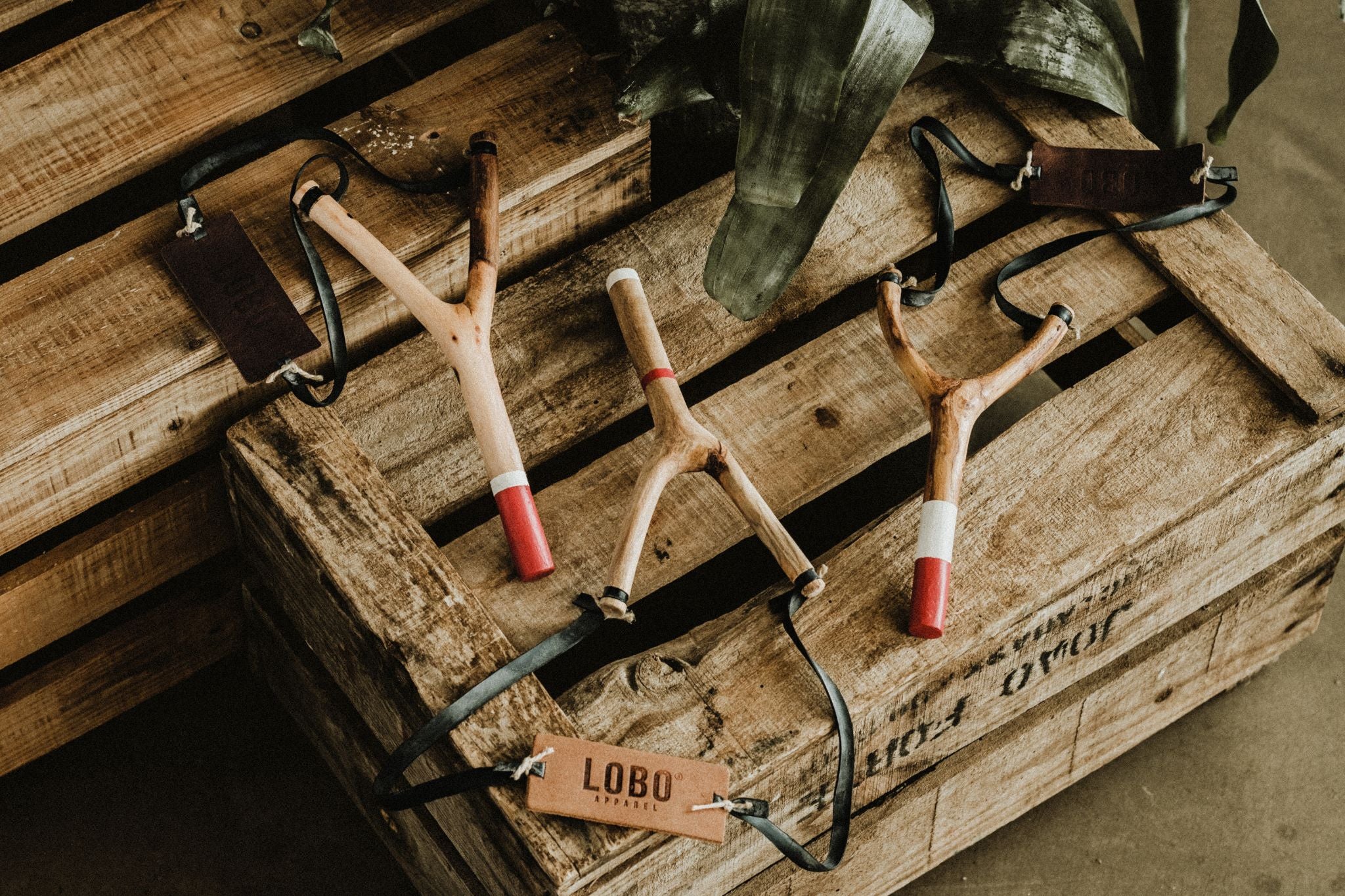 Set of three wooden slingshots from the Cuscuz Studio collaboration, presented in a rustic wooden crate. Minimalist and durable design for outdoor activities.