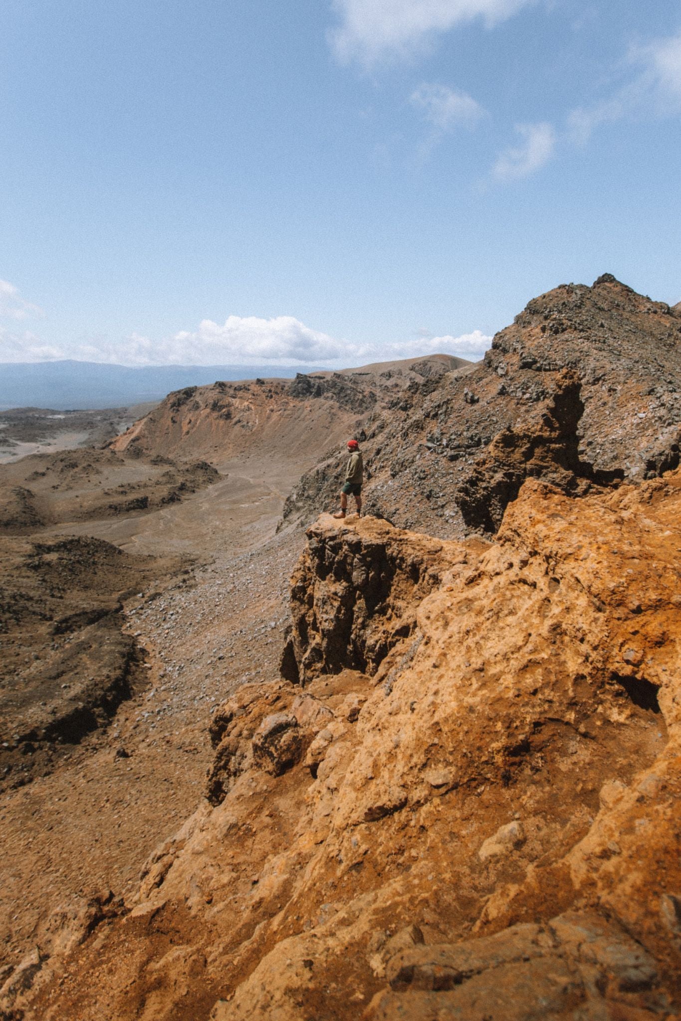The man with a beard representing LOBO, overlooking a rocky and arid landscape from a high cliff.