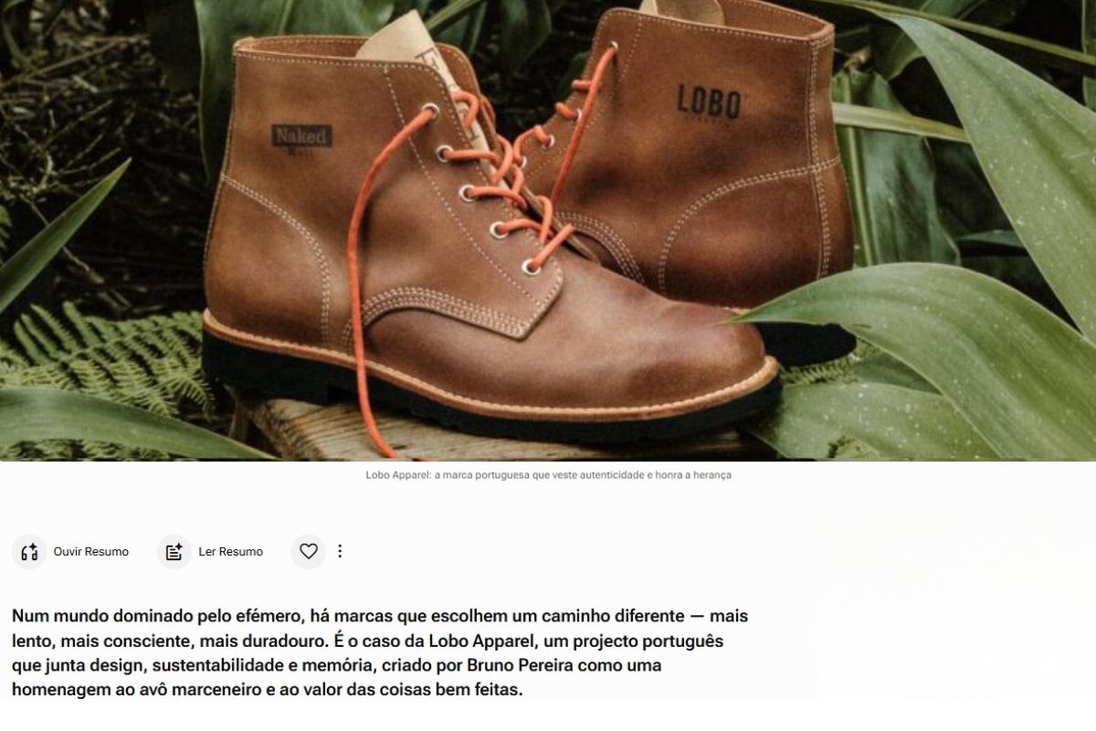 Blog post highlighting Lobo Apparel's slow fashion concept, a Portuguese brand founded by Bruno Pereira, illustrated with its handcrafted leather boots.